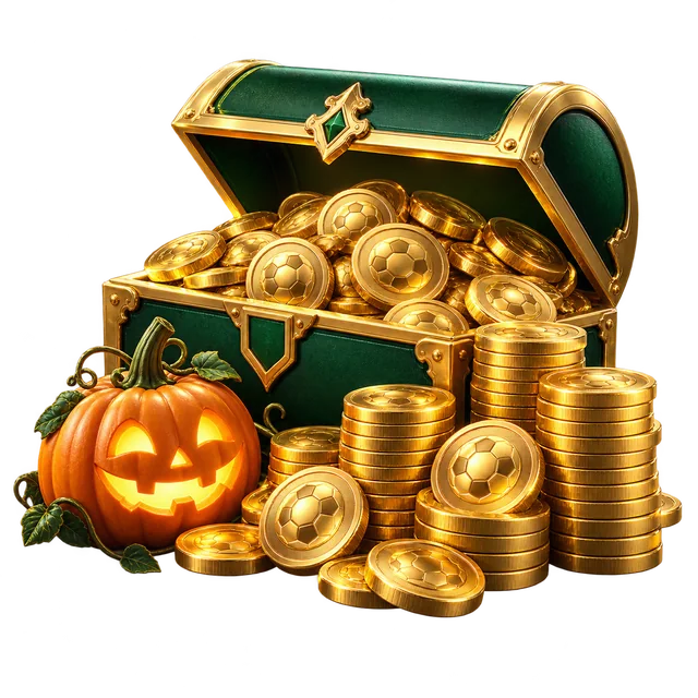 An emerald treasure chest filled with gold football coins and a pumpkin