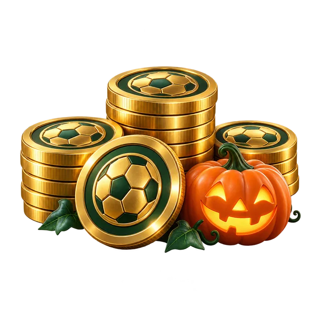 A stack of gold football coins with a Halloween pumpkin