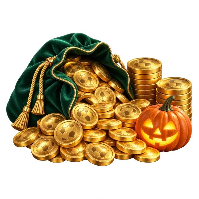 An emerald pouch full of gold football coins beside a pumpkin