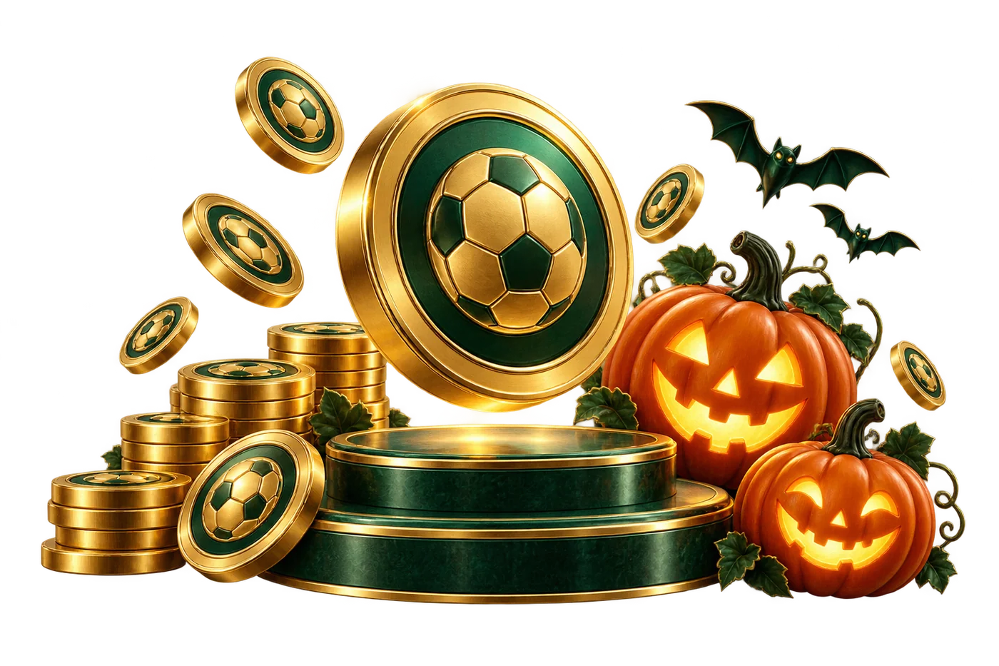Golden football coins and glowing Halloween pumpkins on an emerald podium